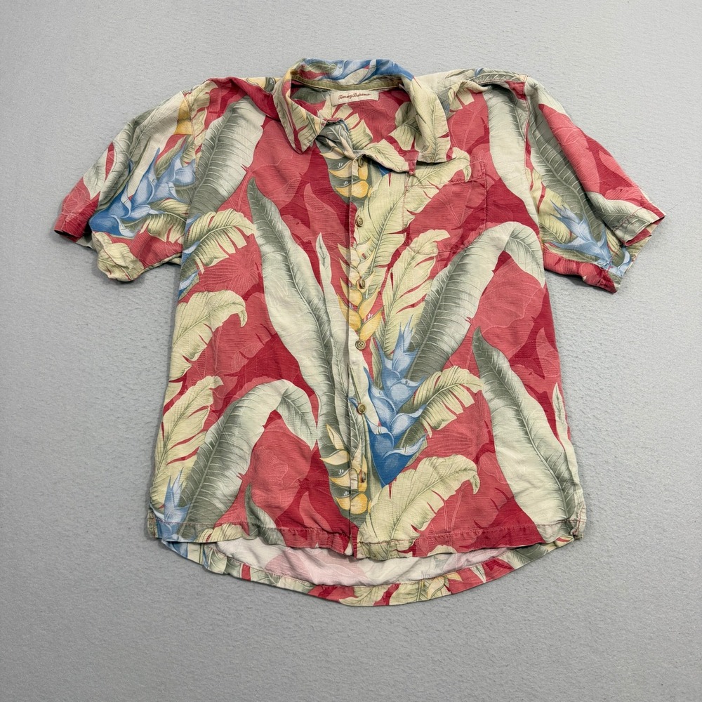Tommy Bahama Shirt Large Red Floral Silk Short Sleeve Aloha Camp Tropical Leaf